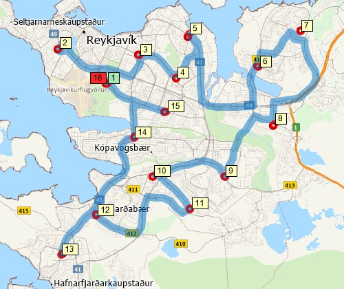 Map of optimised route serving multiple stops created with Maptitude Iceland map software