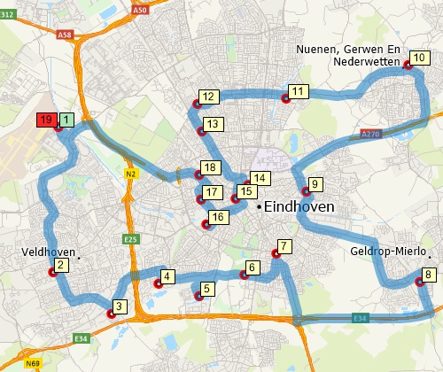 Map of optimised route serving multiple stops created with Maptitude Netherlands map software