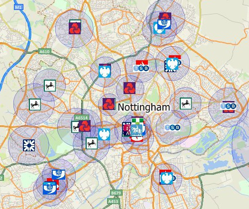 Map software UK map of Nottingham area bank locations