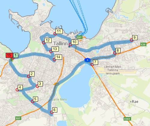 Map of optimised route serving multiple stops created with Maptitude Estonia map software