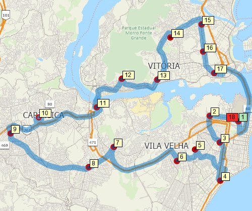 Map of optimised route serving multiple stops created with Maptitude Brazil map software
