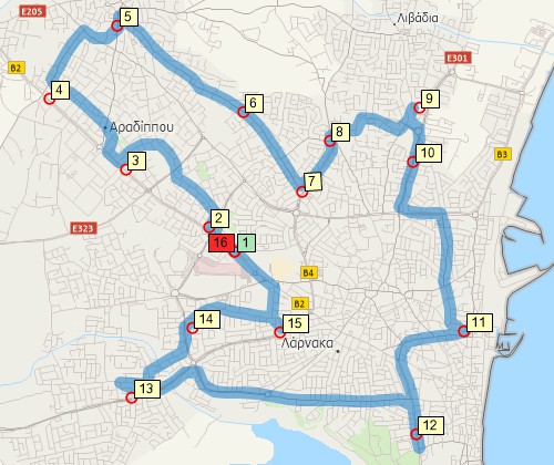 Map of optimised route serving multiple stops created with Maptitude Cyprus map software