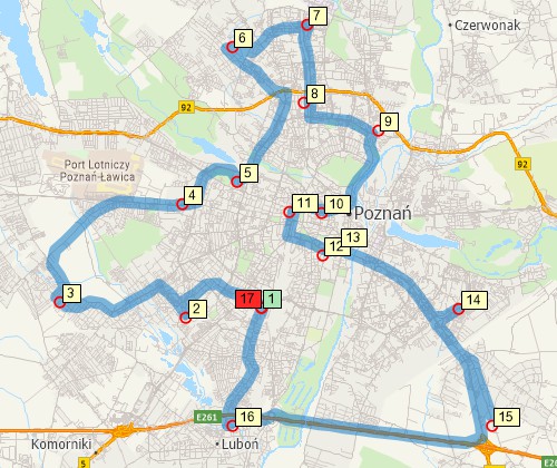 Map of optimised route serving multiple stops created with Maptitude Poland map software
