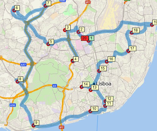 Map of optimised route serving multiple stops created with Maptitude Portugal map software