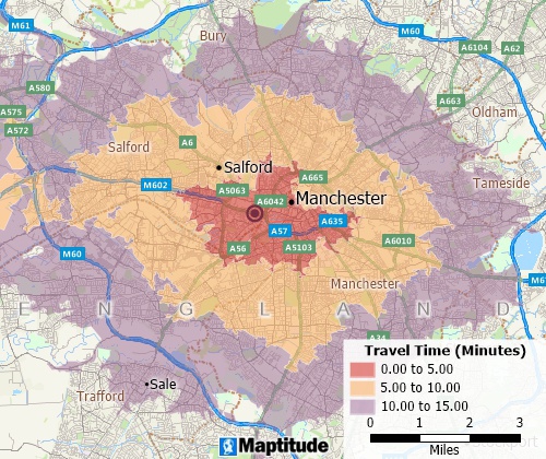 Map of Manchester location and drive-time rings created with Maptitude real estate mapping software
