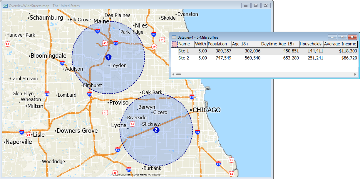 Maptitude mapping software map of two locations in Chicago with demographics for the area within 5 miles of each based on Census tract demographics