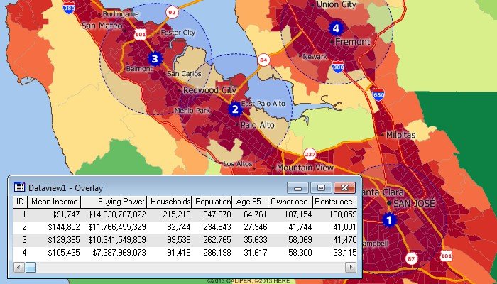 Maptitude sales mapping software lets you analyze demographics, facility locations, and competitors