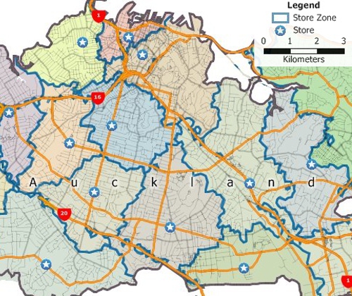 Map of Auckland with territories based on driving time to stores