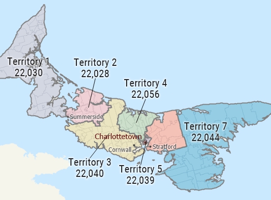 Map of PEI with territories balanced by population