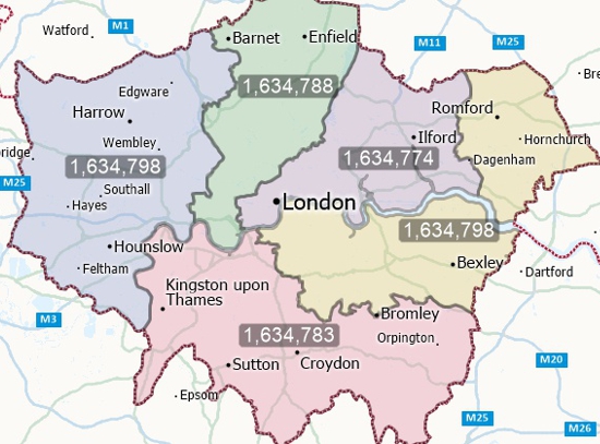 Map of London with territories balanced by population