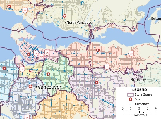 Map of Vancouver with territories based on driving time to stores