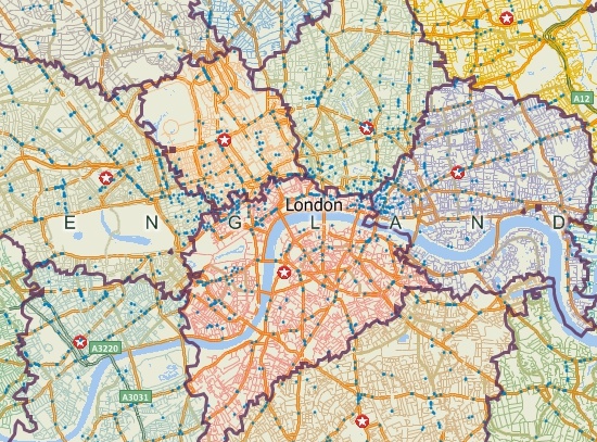 Map of London with territories based on driving time to stores