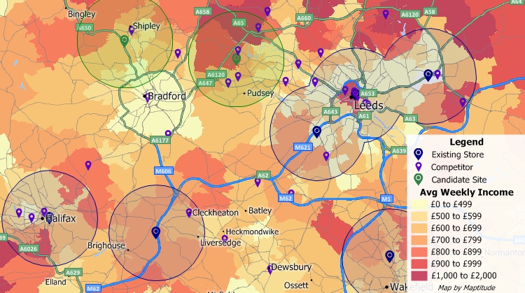 Maptitude map showing GIS retail site selection process to assess competitive retail, accessibility, and disposable income