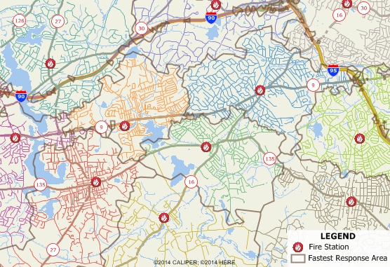 Maptitude map of territories based on drive-time to nearest fire station