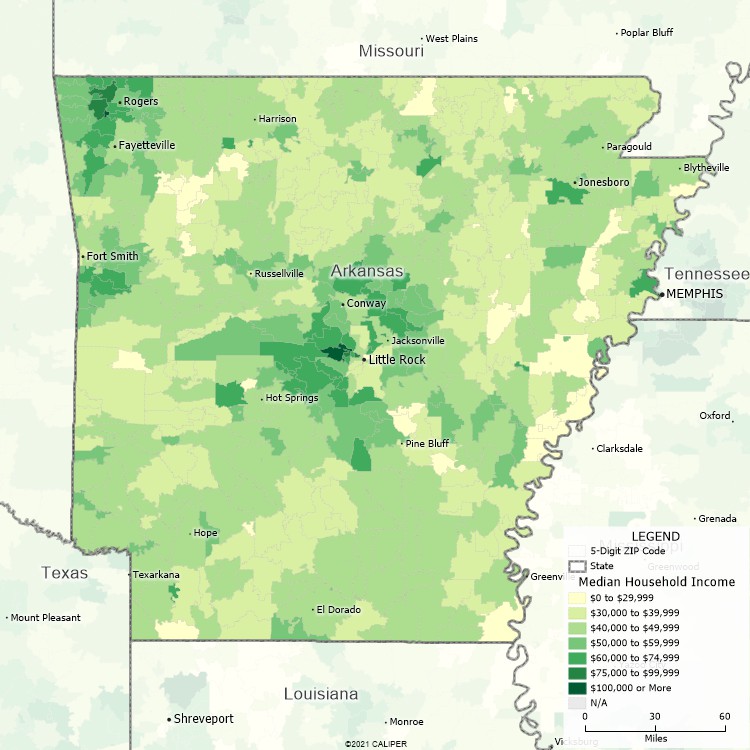 Maptitude Arkansas Mapping Software map of income by ZIP Code in Arkansas