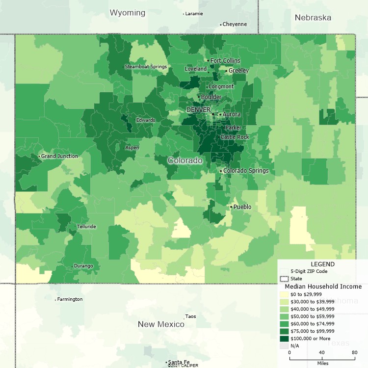 Maptitude Colorado Mapping Software map of income by ZIP Code in Colorado