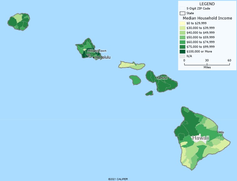 Maptitude Hawaii Mapping Software map of income by ZIP Code in Hawaii