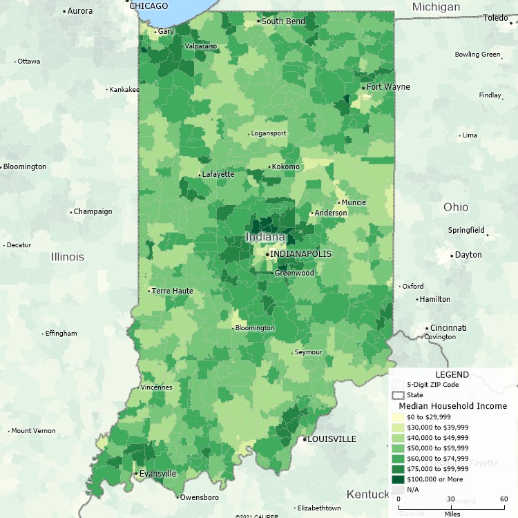 Maptitude Indiana Mapping Software map of income by ZIP Code in Indiana