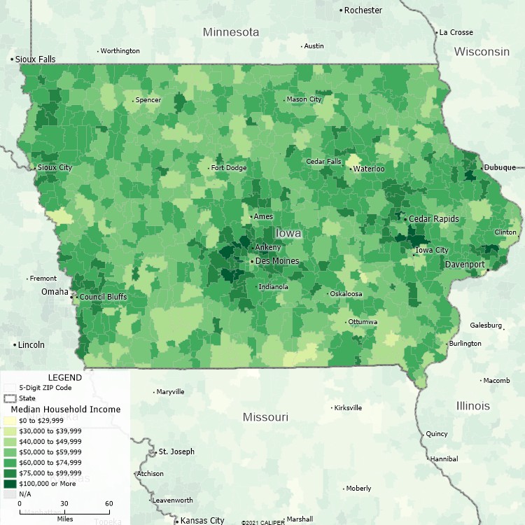 Maptitude Iowa Mapping Software map of income by ZIP Code in Iowa