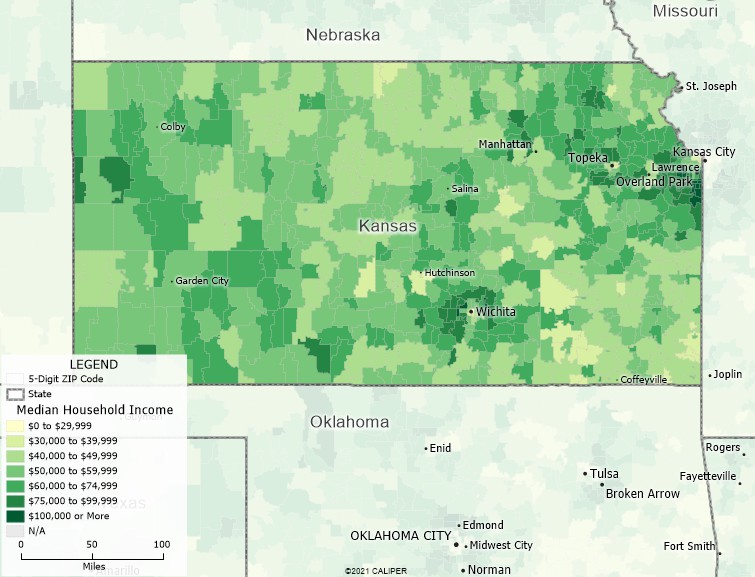 Maptitude Kansas Mapping Software map of income by ZIP Code in Kansas