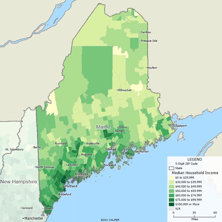 Maptitude Maine Mapping Software map of income by ZIP Code in Maine