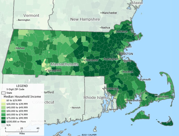 Maptitude Massachusetts Mapping Software map of income by ZIP Code in Massachusetts