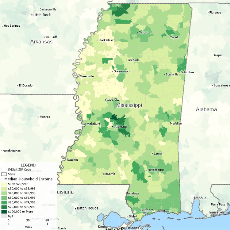Maptitude Mississippi Mapping Software map of income by ZIP Code in Mississippi