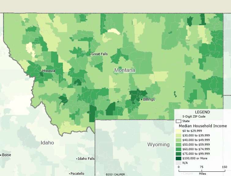 Maptitude Montana Mapping Software map of income by ZIP Code in Montana