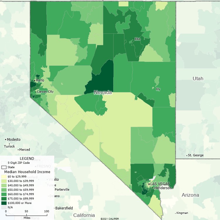 Maptitude Nevada Mapping Software map of income by ZIP Code in Nevada
