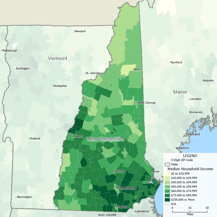 Maptitude New Hampshire Mapping Software map of income by ZIP Code in New Hampshire