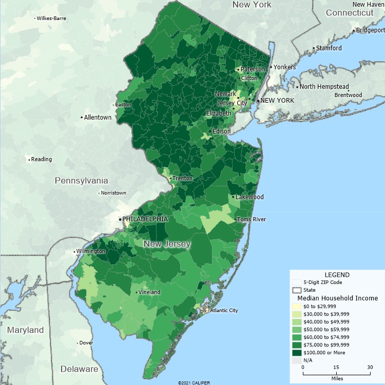Maptitude New Jersey Mapping Software map of income by ZIP Code in New Jersey
