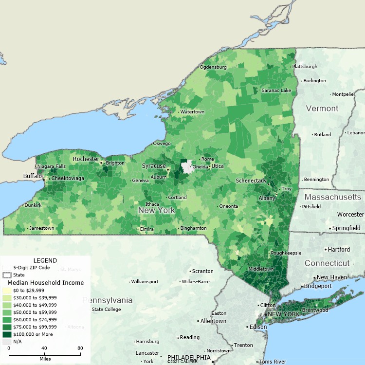 Maptitude New York Mapping Software map of income by ZIP Code in New York