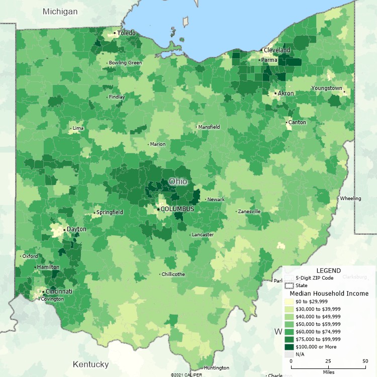 Maptitude Ohio Mapping Software map of income by ZIP Code in Ohio
