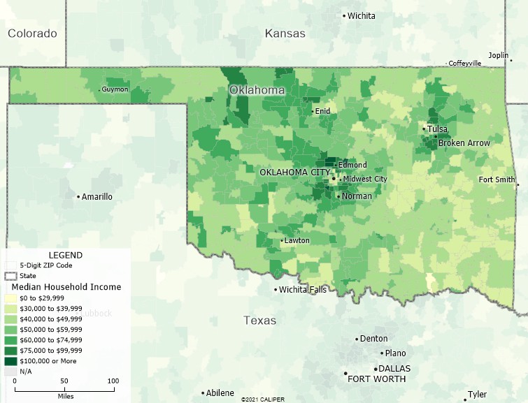 Maptitude Oklahoma Mapping Software map of income by ZIP Code in Oklahoma