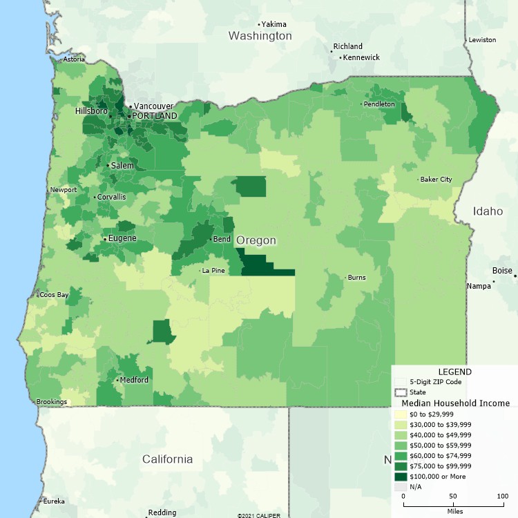 Maptitude Oregon Mapping Software map of income by ZIP Code in Oregon