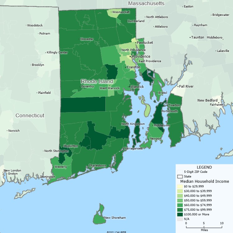 Maptitude Rhode Island Mapping Software map of income by ZIP Code in Rhode Island