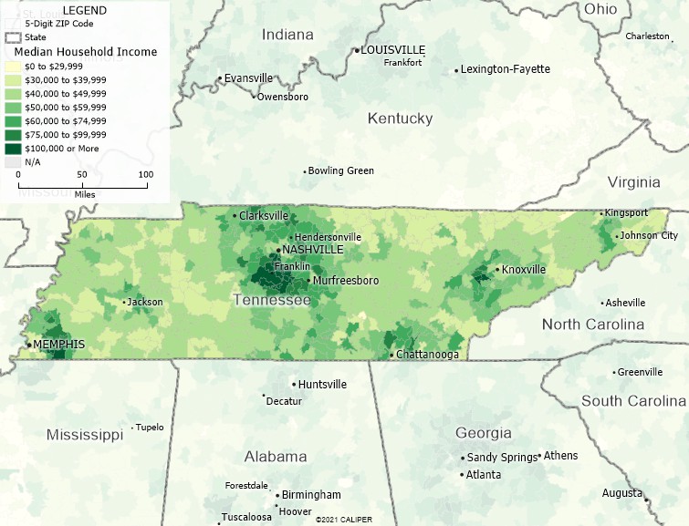 Maptitude Tennessee Mapping Software map of income by ZIP Code in Tennessee
