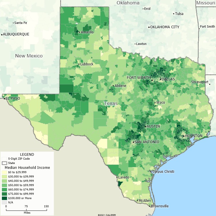 Maptitude Texas Mapping Software map of income by ZIP Code in Texas