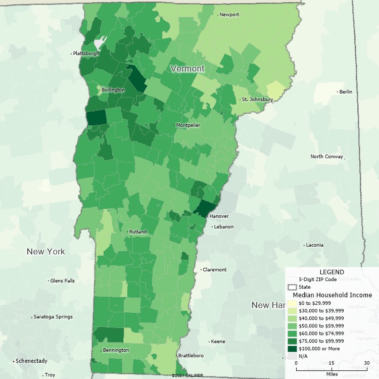 Maptitude Vermont Mapping Software map of income by ZIP Code in Vermont
