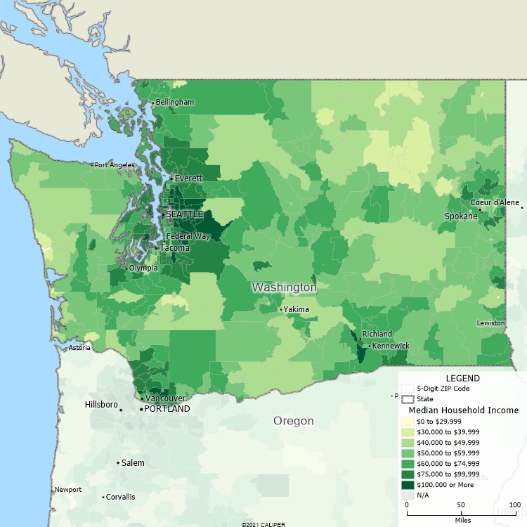 Maptitude Washington Mapping Software map of income by ZIP Code in Washington