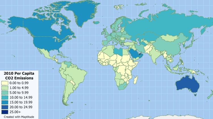 Maptitude choropleth map maker map of per capita CO2 emissions by country