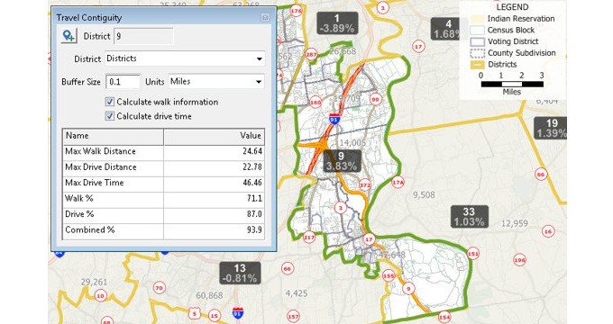 Maptitude for Redistricting Travel Contiguity tool