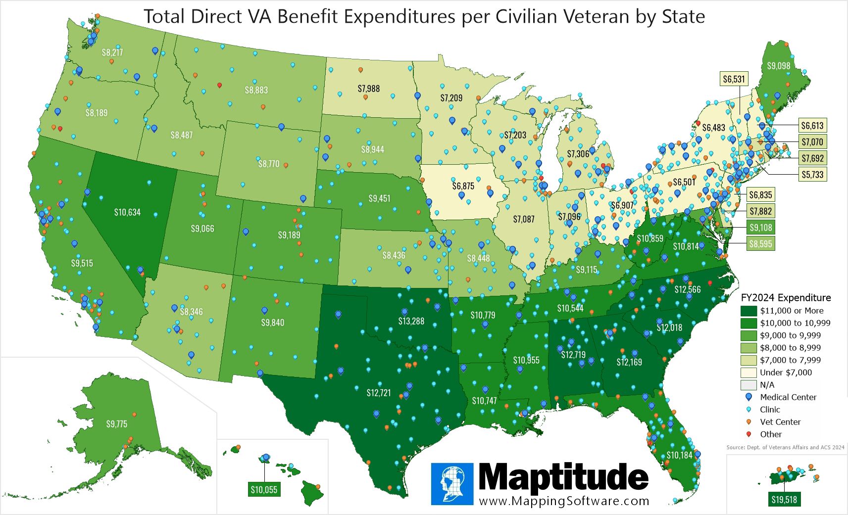 Maptitude mapping software infographic of direct VA benefit expenditures per civilian veteran by state and VA facility locations