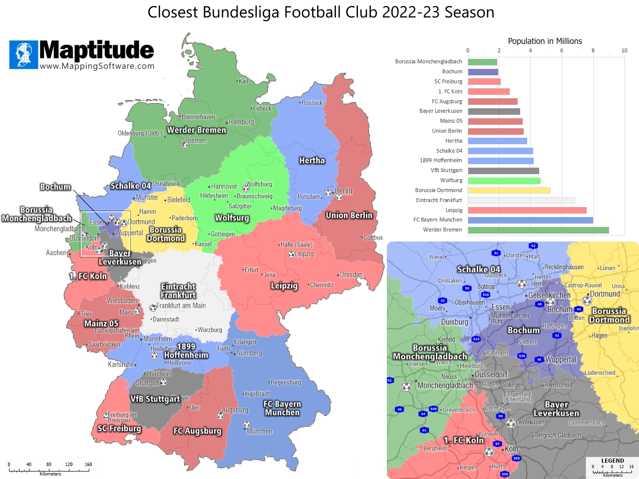 Maptitude mapping software infographic showing the Closest Bundesliga Football Club by drive time
