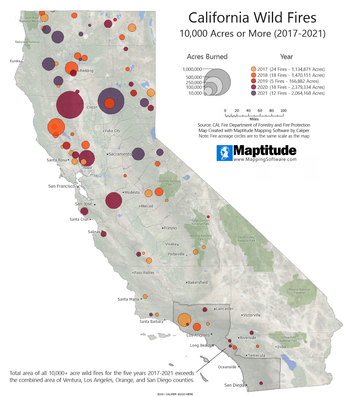 Maptitude mapping software map infographic of largest California wildfires from 2017-2021