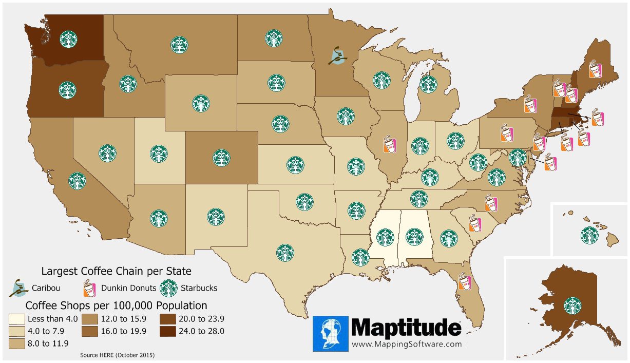 Maptitude map of coffee shops and largest coffee chain by state