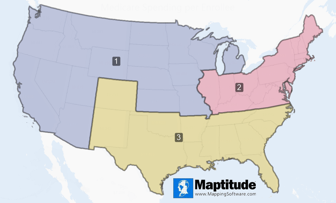 Maptitude provides tools for impartial territory plans that provide you with alternatives to choose from based on balancing values such as population, sales, or geodemographics