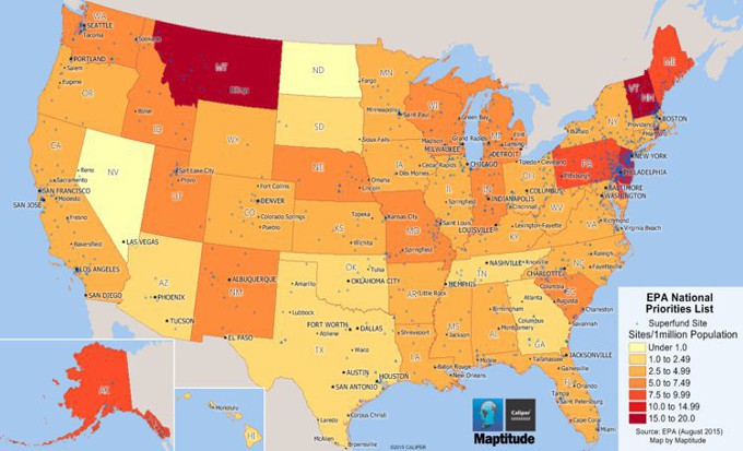 Maptitude mapping software map of EPA superfund sites