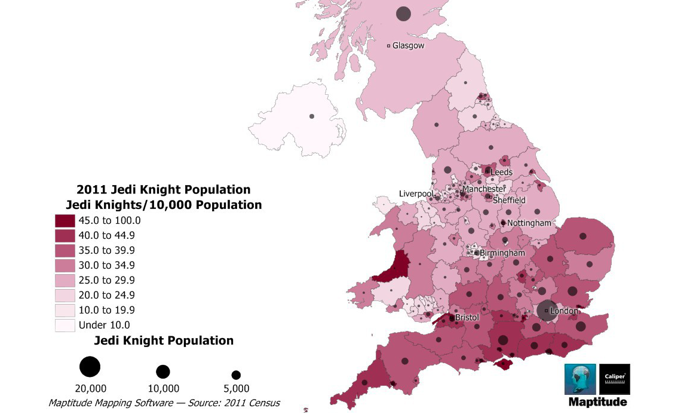 Maptitude mapping software map population reporting its religion as Jedi Knight in the 2011 Census