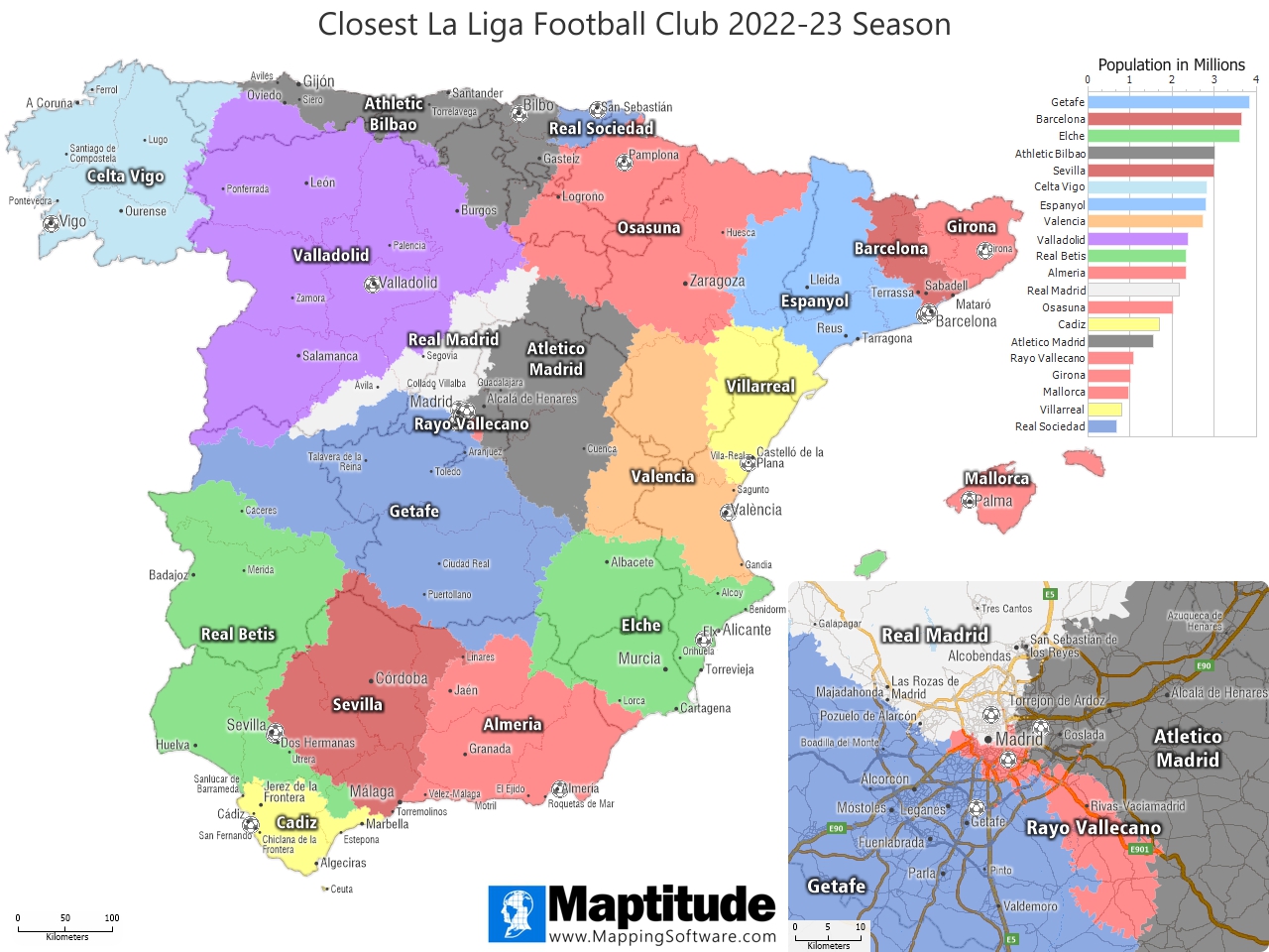 Maptitude mapping software infographic showing the Closest La Liga Football Club by drive time